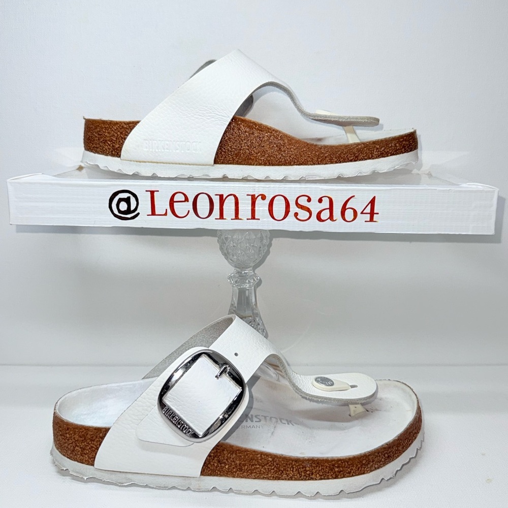Birkenstock White Thong Sandals with Silver Buckle